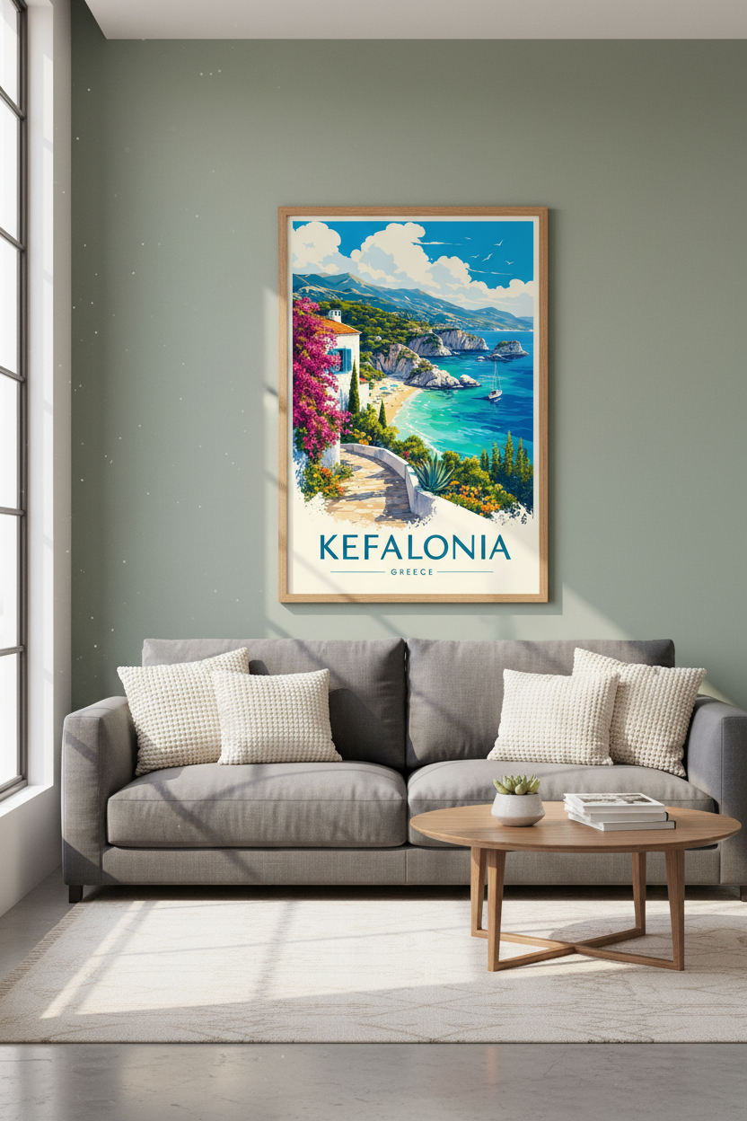 Kefalonia Greece Travel Poster | Mediterranean Coastal Wall Art | Blue Beach Decor