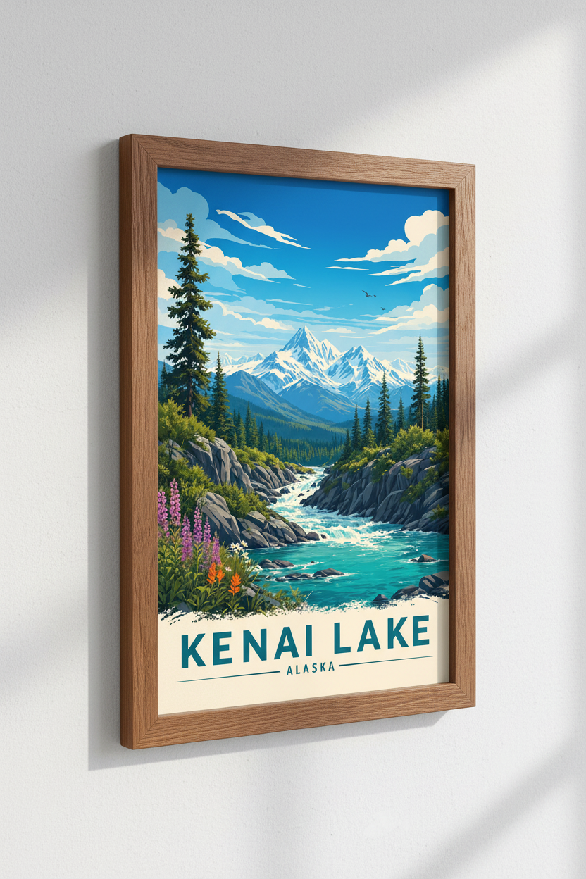 Kenai Lake Alaska Wall Art | Vintage Mountain Travel Poster | Nature Decor