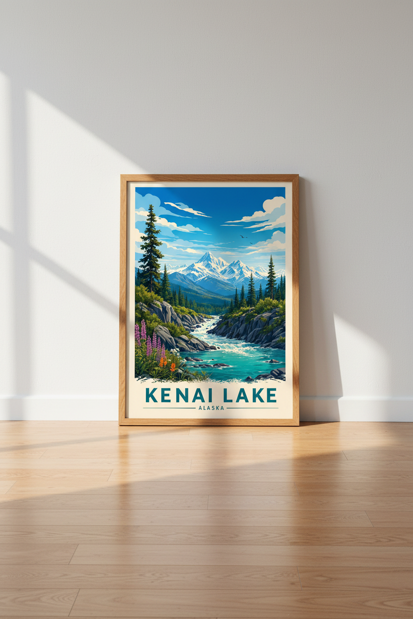 Kenai Lake Alaska Wall Art | Vintage Mountain Travel Poster | Nature Decor