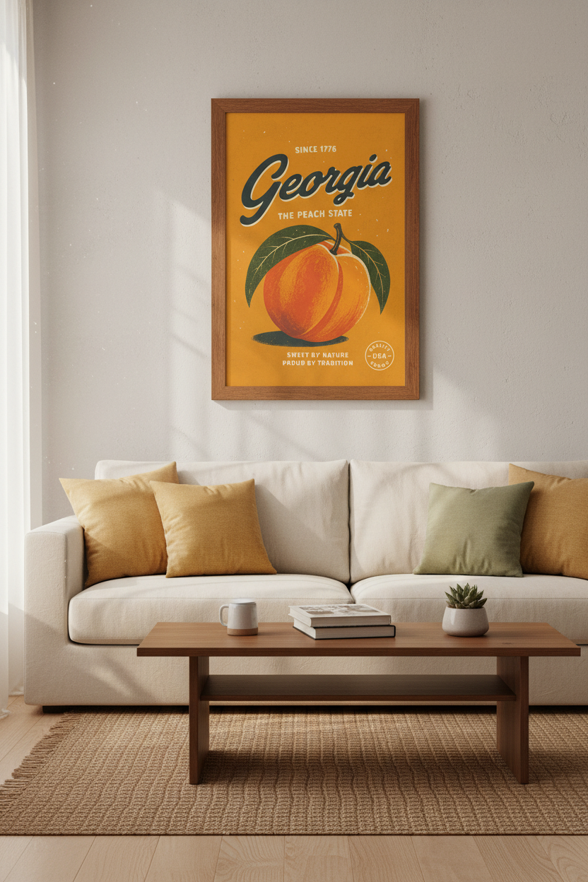 Georgia Peach State Wall Art Print | Kitchen Decor | Vintage Retro Poster
