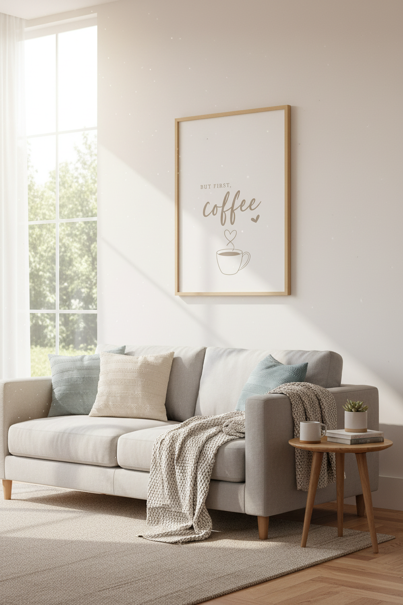 But First Coffee Wall Art | Minimalist Beige Kitchen Decor | Modern Cafe Poster