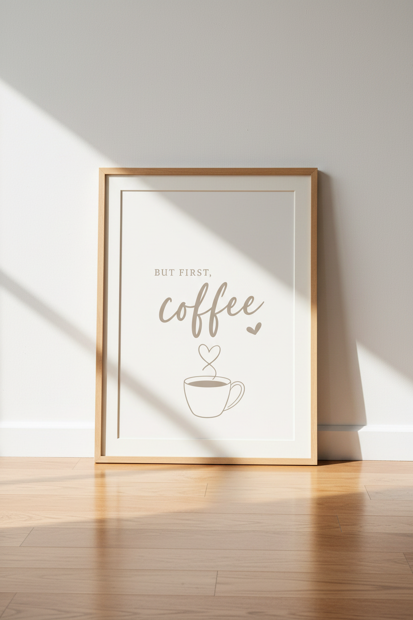 But First Coffee Wall Art | Minimalist Beige Kitchen Decor | Modern Cafe Poster