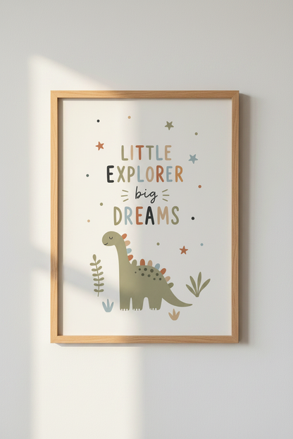 Little Explorer Big Dreams Wall Art | Dinosaur Nursery Decor | Boho Kids Poster