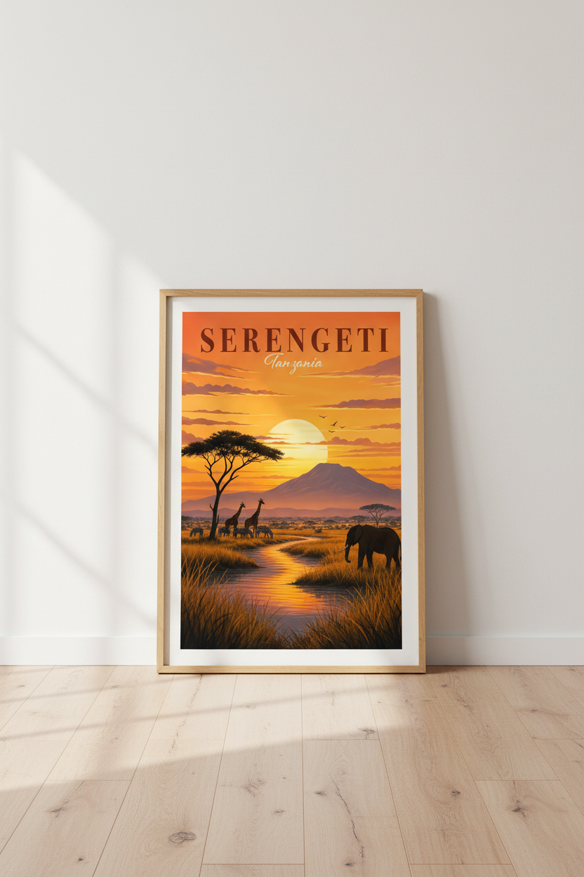 Serengeti Tanzania | Vintage Safari Sunset Print, African Landscape Wall Art