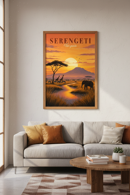 Serengeti Tanzania | Vintage Safari Sunset Print, African Landscape Wall Art