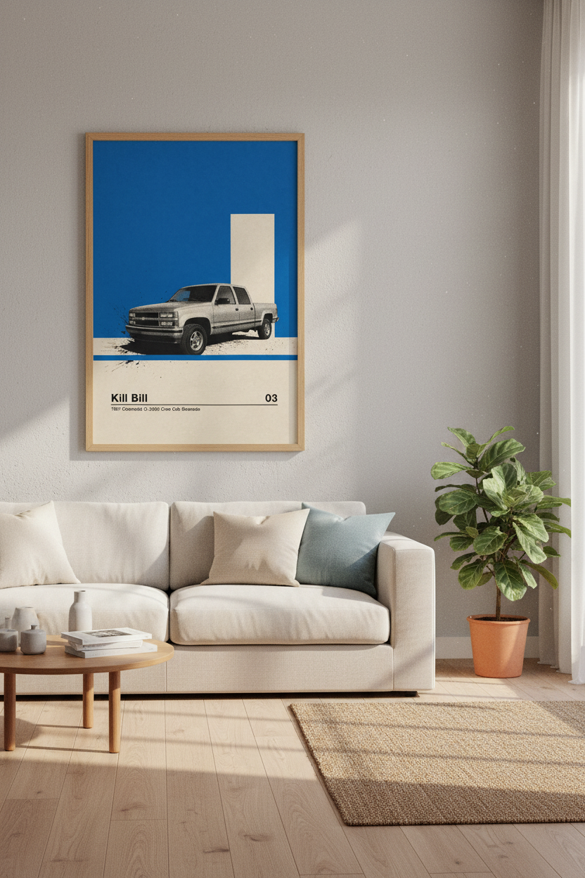 Kill Bill Chevrolet Silverado Poster | Movie Car Wall Art | Minimalist Blue Decor