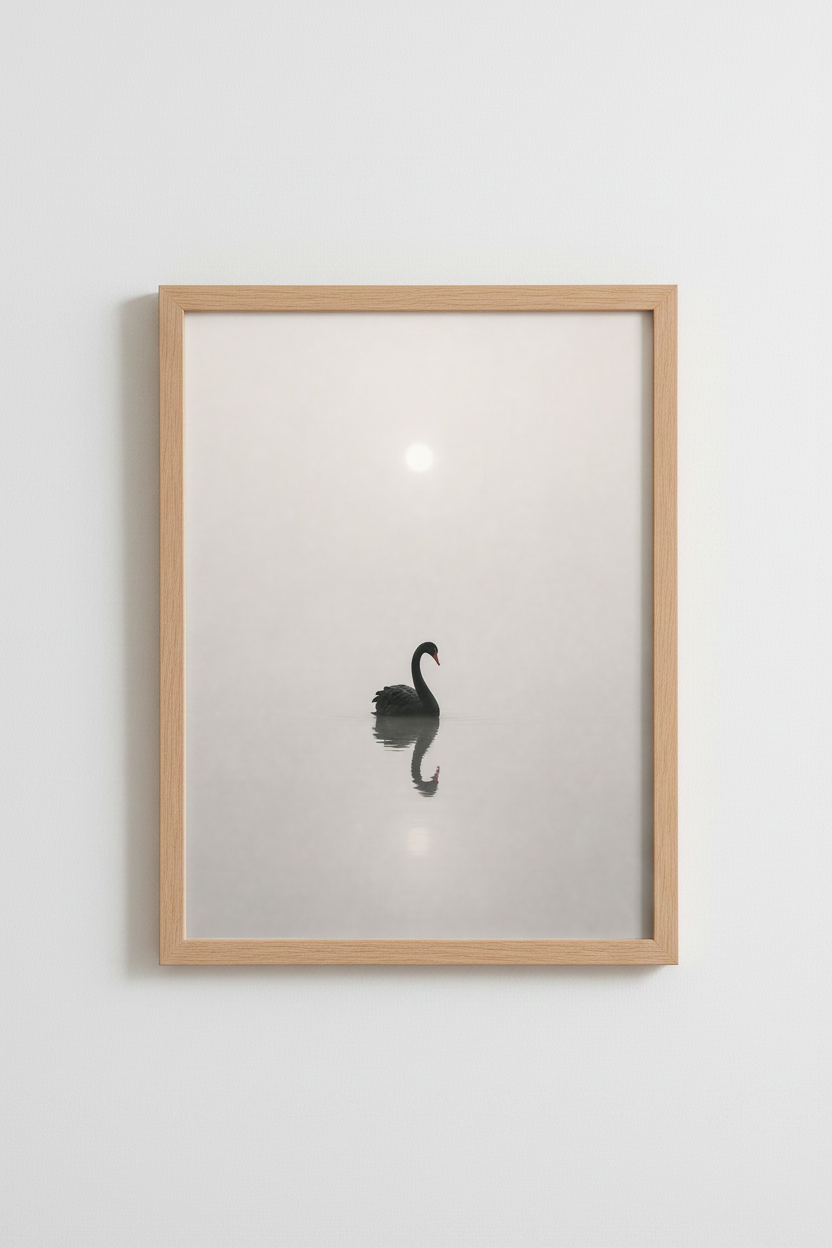 Minimalist Black Swan Print | Misty Lake Bird Photography | Modern Neutral Wall Art