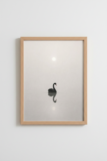 Minimalist Black Swan Print | Misty Lake Bird Photography | Modern Neutral Wall Art