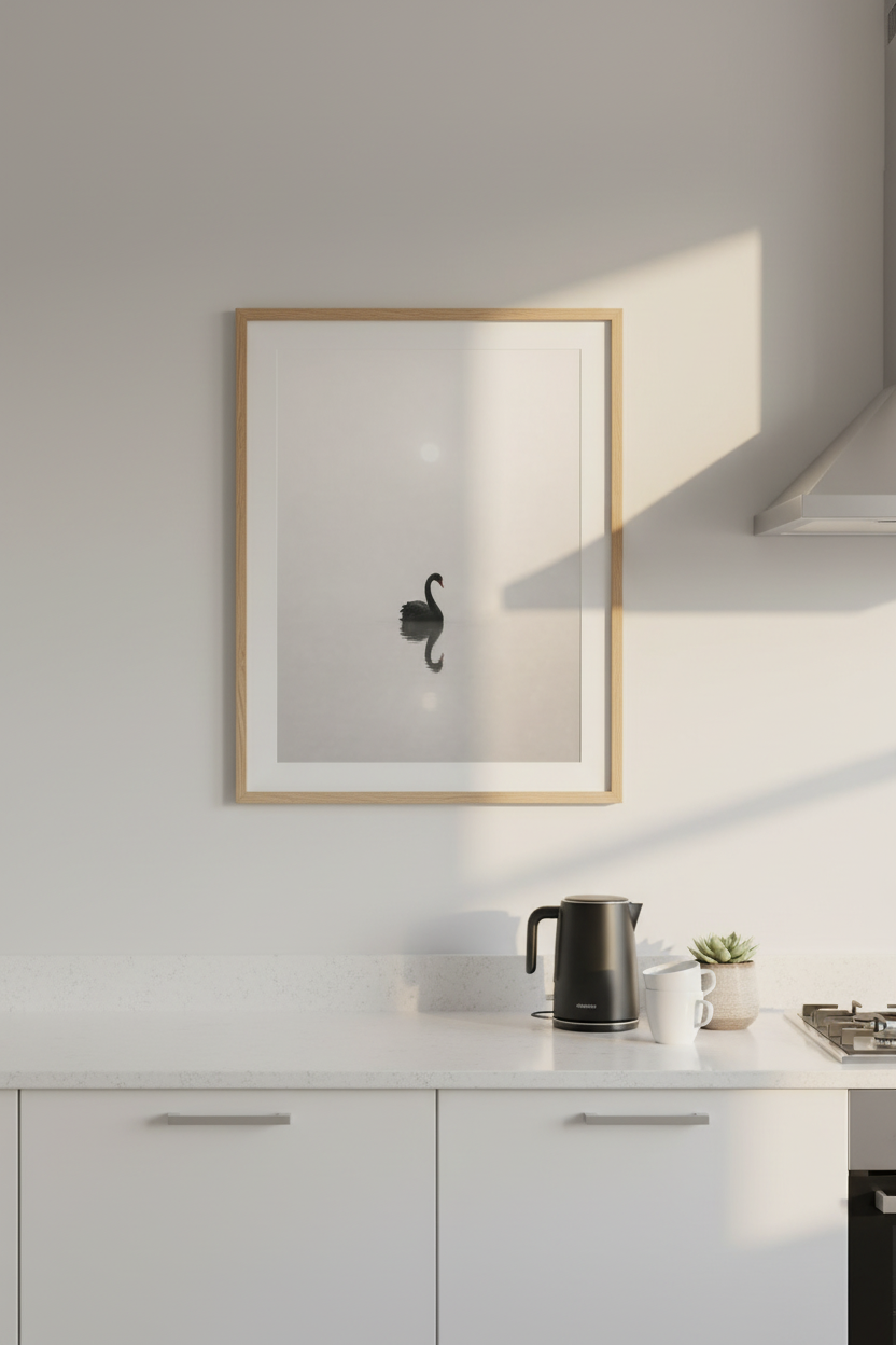 Minimalist Black Swan Print | Misty Lake Bird Photography | Modern Neutral Wall Art