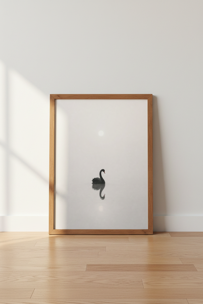 Minimalist Black Swan Print | Misty Lake Bird Photography | Modern Neutral Wall Art