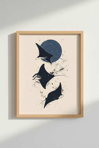 Celestial Manta Ray Art Print | Navy Blue Moon Poster | Sea Life Wall Decor