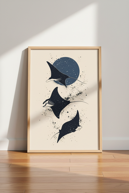 Celestial Manta Ray Art Print | Navy Blue Moon Poster | Sea Life Wall Decor