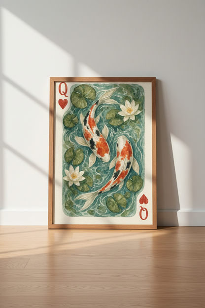 Koi Fish Queen of Hearts Wall Art | Watercolor Pond Decor | Whimsical Poster
