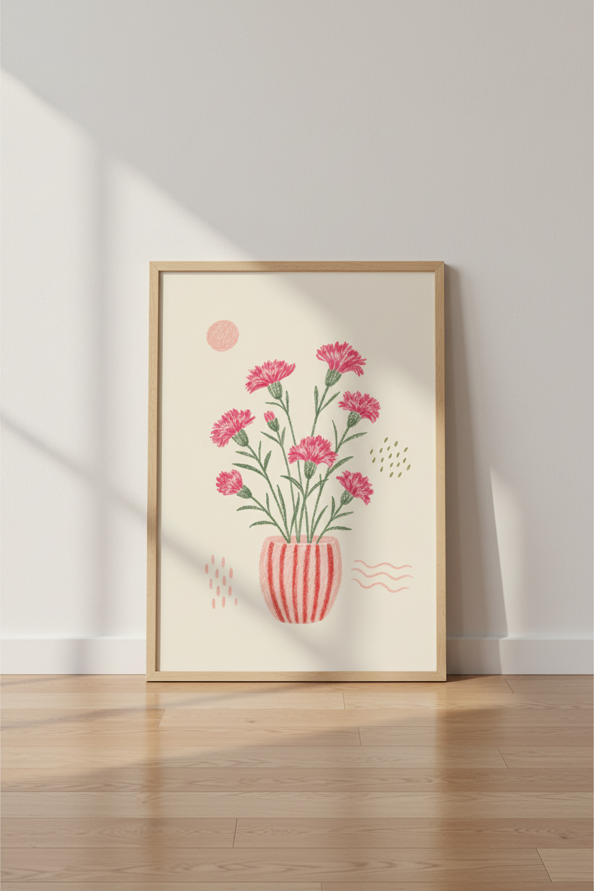 Pink Carnation Floral Wall Art | Botanical Illustration, Whimsical Garden Poster