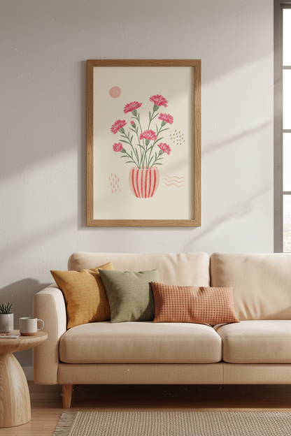 Pink Carnation Floral Wall Art | Botanical Illustration, Whimsical Garden Poster
