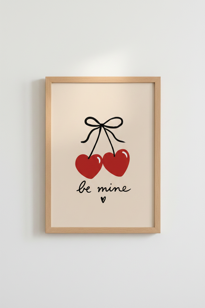 Heart Cherries Be Mine Wall Art | Coquette Aesthetic Decor | Red &amp; Beige Poster