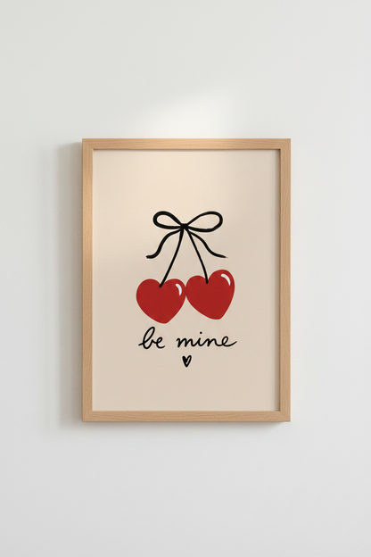 Heart Cherries Be Mine Wall Art | Coquette Aesthetic Decor | Red &amp; Beige Poster