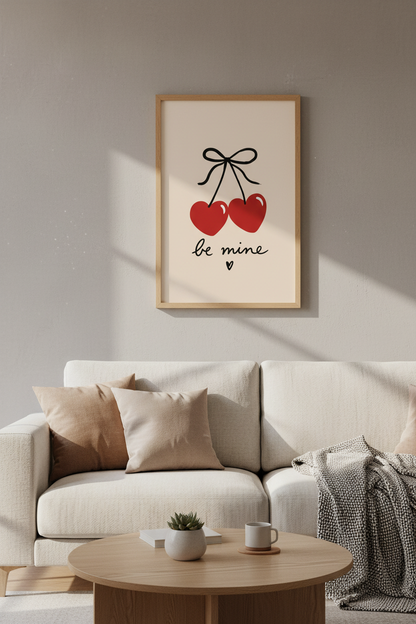 Heart Cherries Be Mine Wall Art | Coquette Aesthetic Decor | Red &amp; Beige Poster