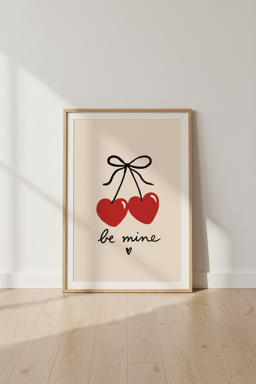 Heart Cherries Be Mine Wall Art | Coquette Aesthetic Decor | Red &amp; Beige Poster