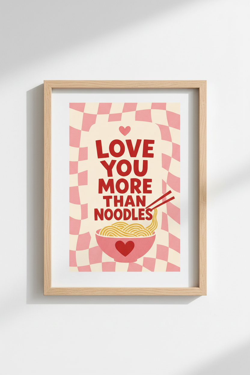 Retro Ramen Wall Art | Pink Checkered Kitchen Decor | Funny Foodie Poster