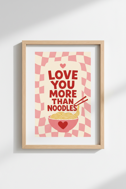 Retro Ramen Wall Art | Pink Checkered Kitchen Decor | Funny Foodie Poster