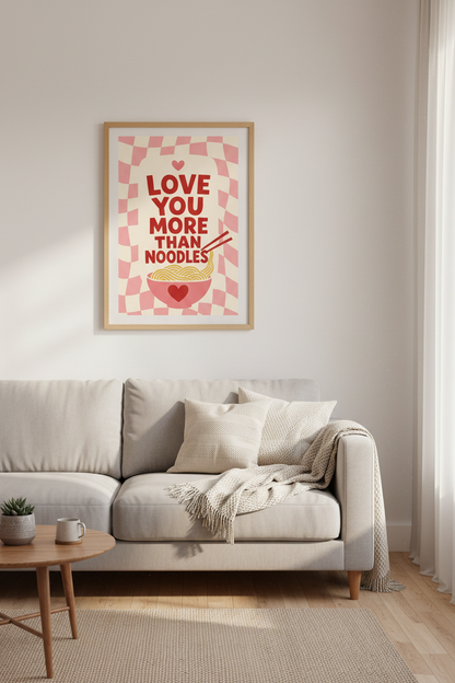 Retro Ramen Wall Art | Pink Checkered Kitchen Decor | Funny Foodie Poster