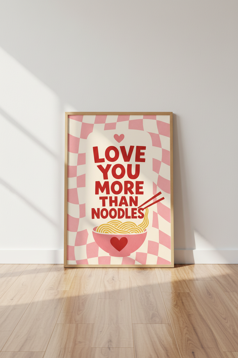 Retro Ramen Wall Art | Pink Checkered Kitchen Decor | Funny Foodie Poster