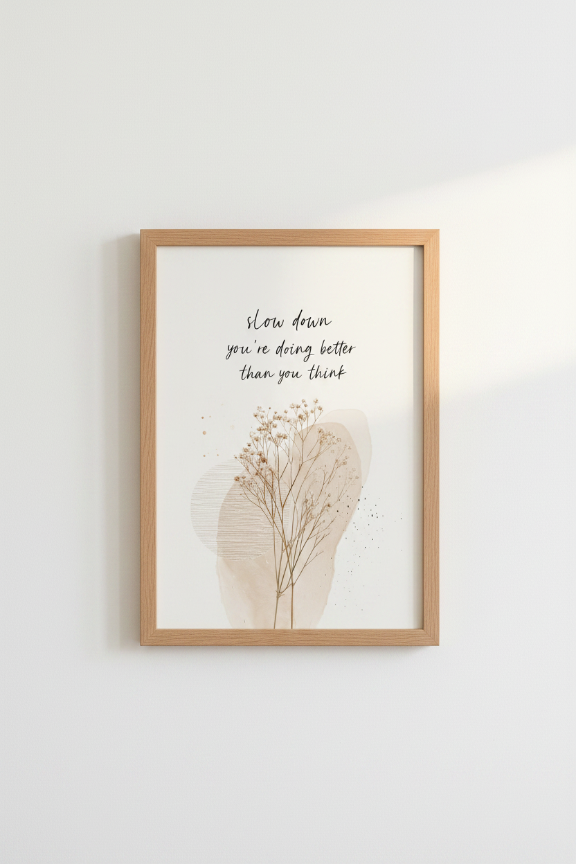 Slow Down Quote Wall Art | Minimalist Botanical Poster | Boho Neutral Decor
