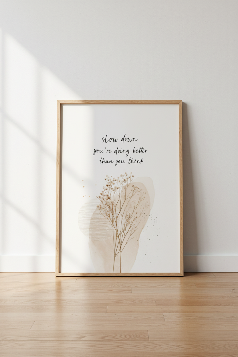 Slow Down Quote Wall Art | Minimalist Botanical Poster | Boho Neutral Decor