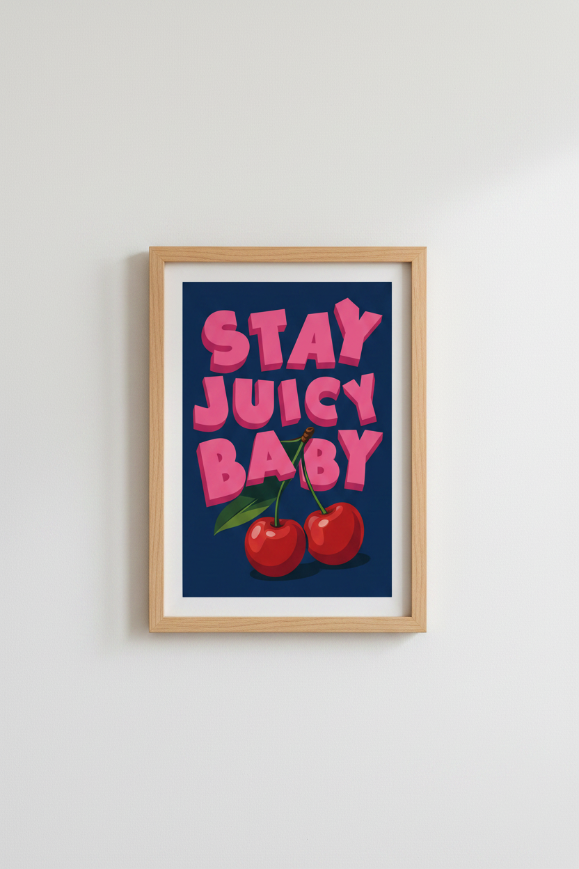 Stay Juicy Baby Cherry Wall Art | Retro Pink Kitchen Decor | Pop Art Poster