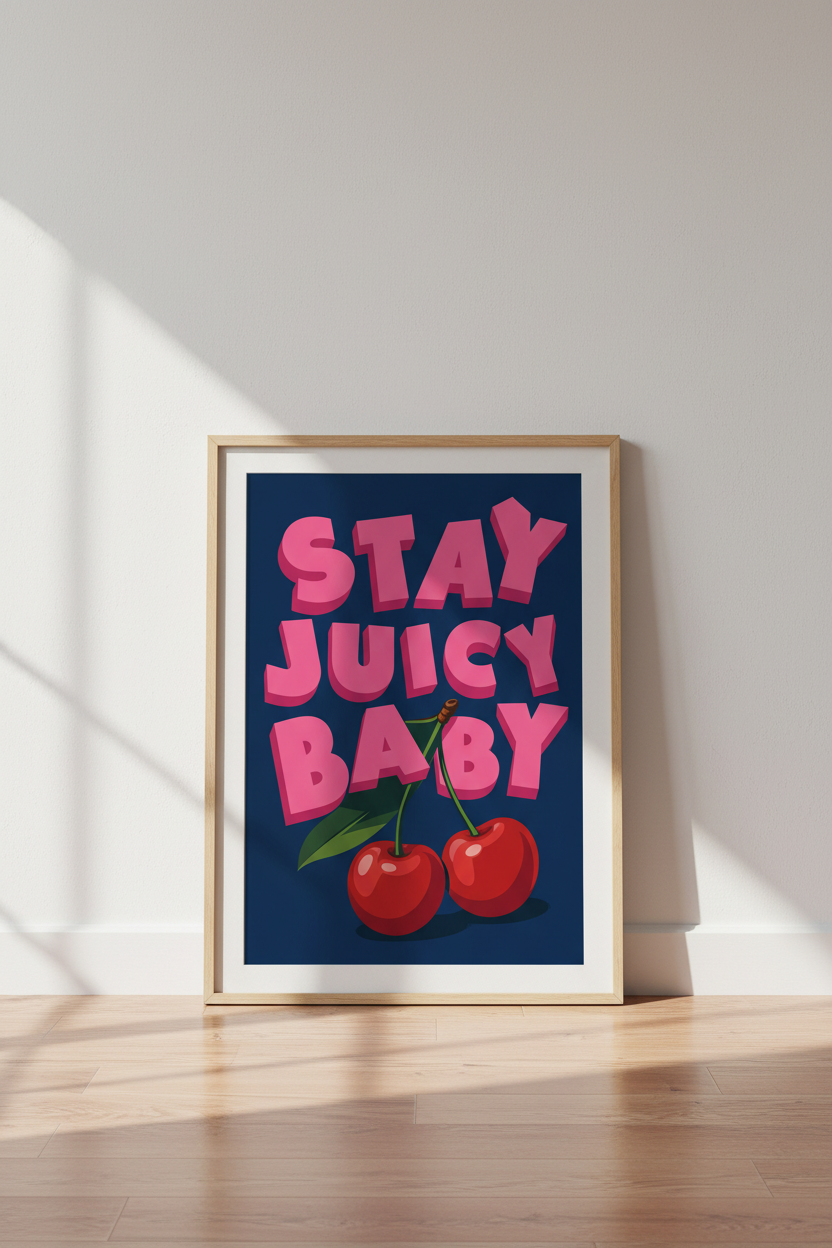 Stay Juicy Baby Cherry Wall Art | Retro Pink Kitchen Decor | Pop Art Poster