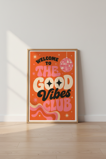 Good Vibes Club Disco Ball Wall Art | Retro Orange &amp; Pink Poster | Groovy Room Decor