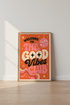 Good Vibes Club Disco Ball Wall Art | Retro Orange & Pink Poster | Groovy Room Decor