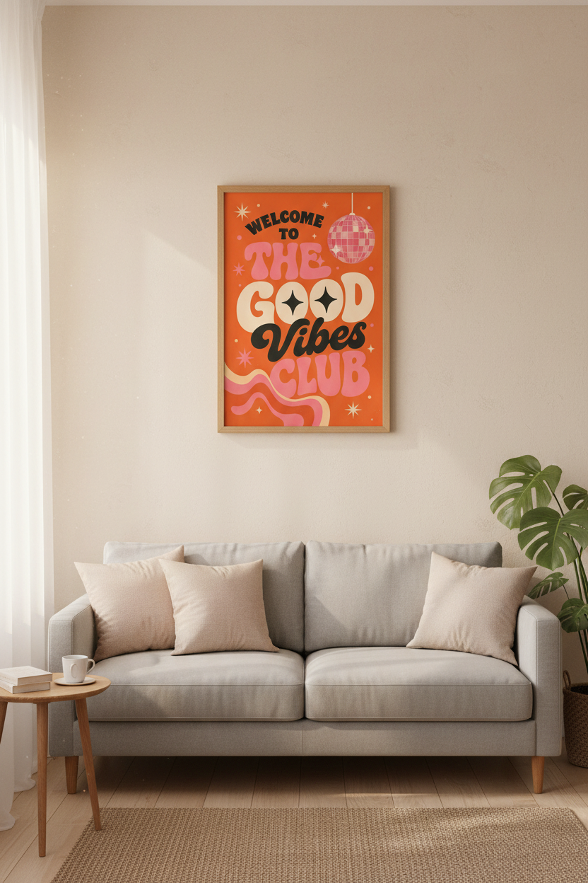 Good Vibes Club Disco Ball Wall Art | Retro Orange &amp; Pink Poster | Groovy Room Decor