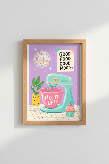Pastel Kitchen Wall Art | Retro Baking Decor, Colorful Disco Ball Poster