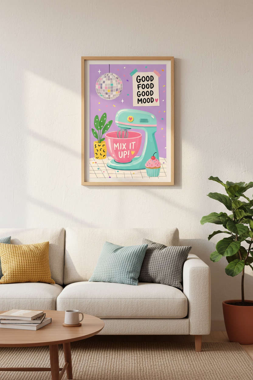 Pastel Kitchen Wall Art | Retro Baking Decor, Colorful Disco Ball Poster