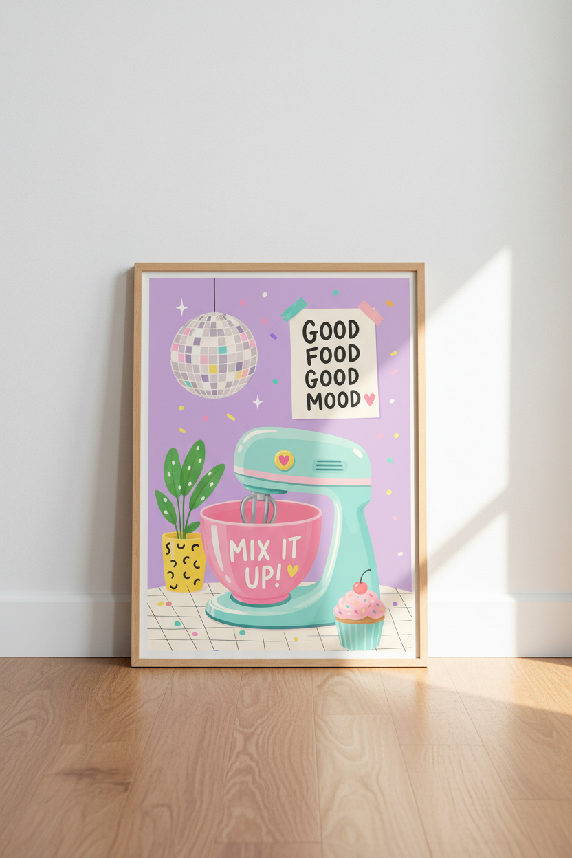 Pastel Kitchen Wall Art | Retro Baking Decor, Colorful Disco Ball Poster