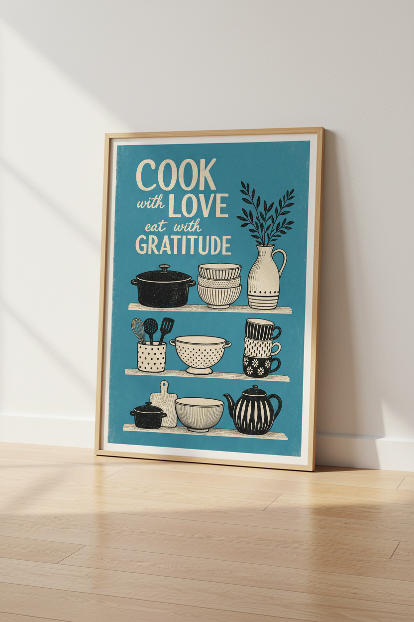 Retro Kitchen Quote Wall Art | Blue Cook with Love Poster | Botanical Kitchen Decor