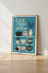 Retro Kitchen Quote Wall Art | Blue Cook with Love Poster | Botanical Kitchen Decor