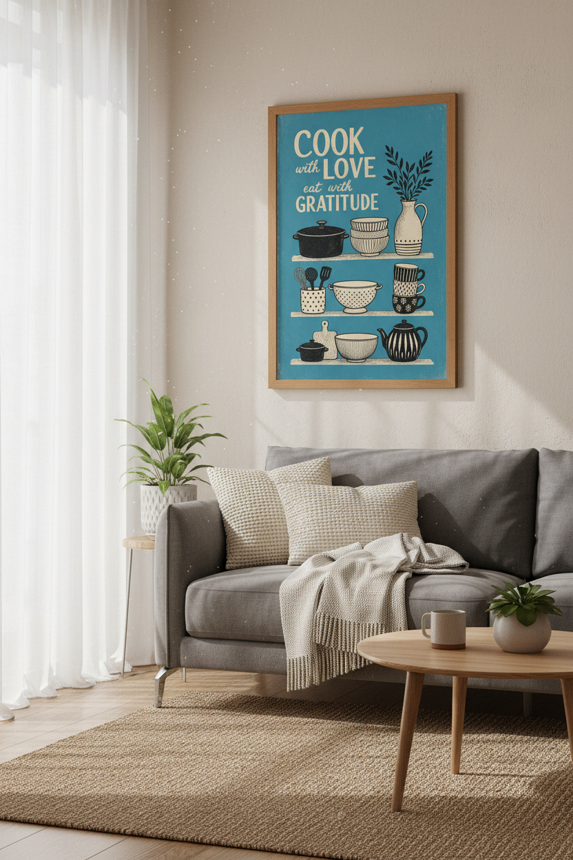Retro Kitchen Quote Wall Art | Blue Cook with Love Poster | Botanical Kitchen Decor