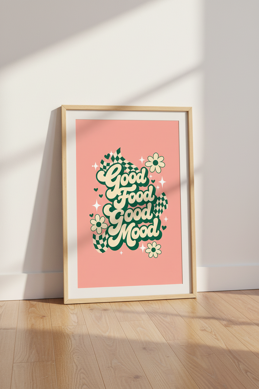Good Food Good Mood Wall Art | Retro Kitchen Poster | Green &amp; Pink Decor