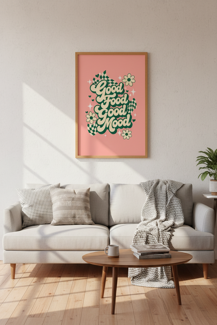 Good Food Good Mood Wall Art | Retro Kitchen Poster | Green &amp; Pink Decor