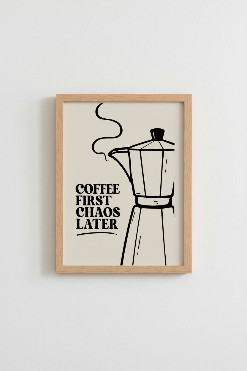 Coffee First Chaos Later Wall Art | Moka Pot Kitchen Decor | Minimalist Poster