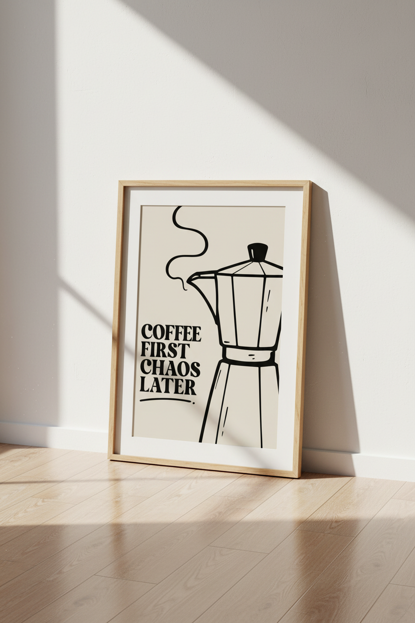 Coffee First Chaos Later Wall Art | Moka Pot Kitchen Decor | Minimalist Poster