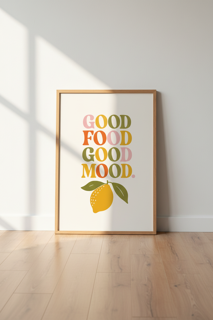 Good Food Good Mood Kitchen Wall Art | Retro Lemon Poster, Colorful Dining Room Decor