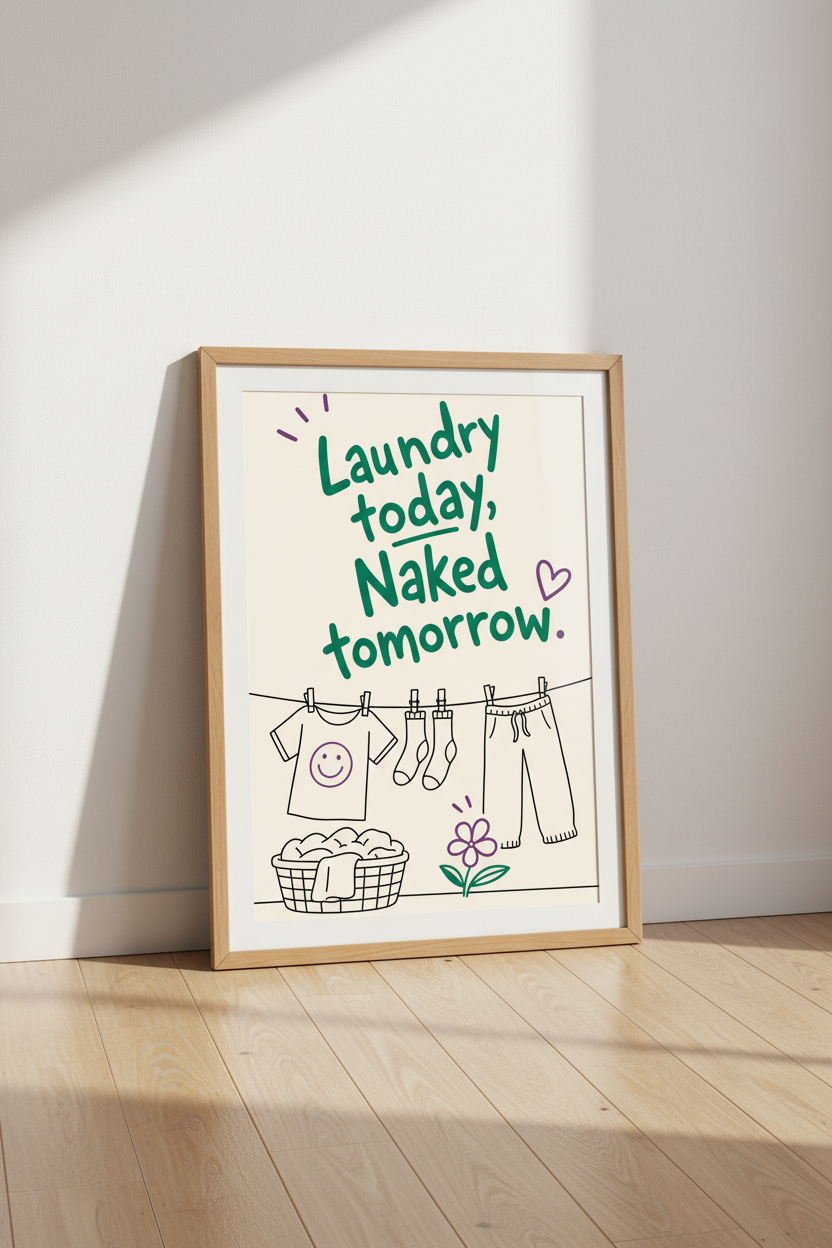 Laundry Today Naked Tomorrow Wall Art | Green &amp; Purple Funny Poster | Laundry Room Decor