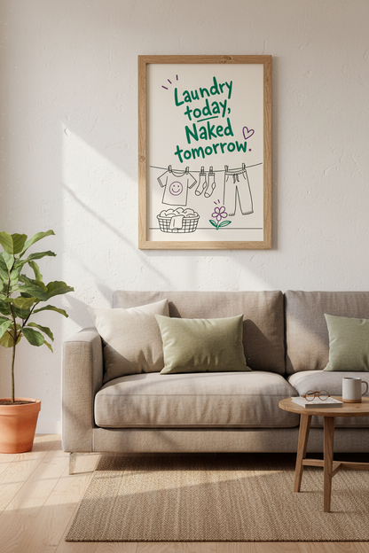 Laundry Today Naked Tomorrow Wall Art | Green &amp; Purple Funny Poster | Laundry Room Decor