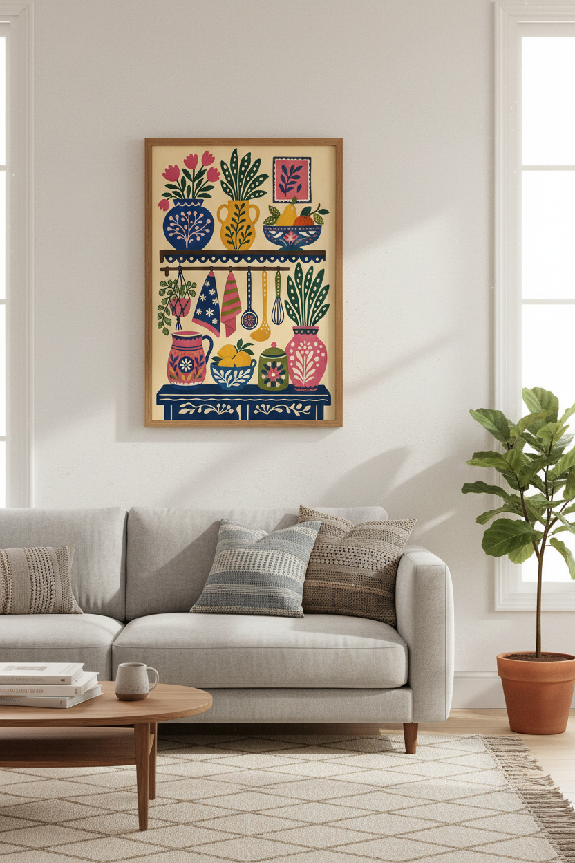 Folk Art Kitchen Hutch Wall Art Print | Dining Room Decor | Colorful Pantry Poster
