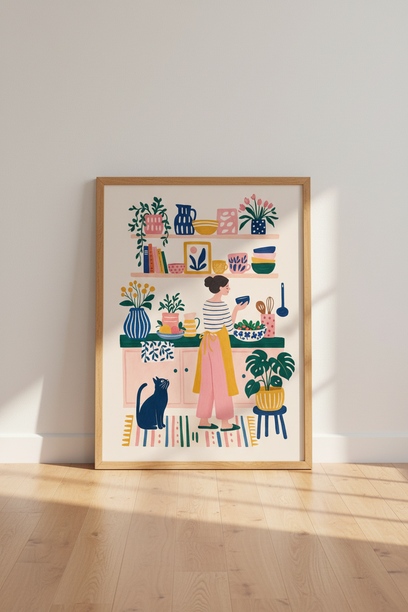 Cozy Kitchen Scene | Pink &amp; Navy Folk Art Print, Cottagecore Wall Decor