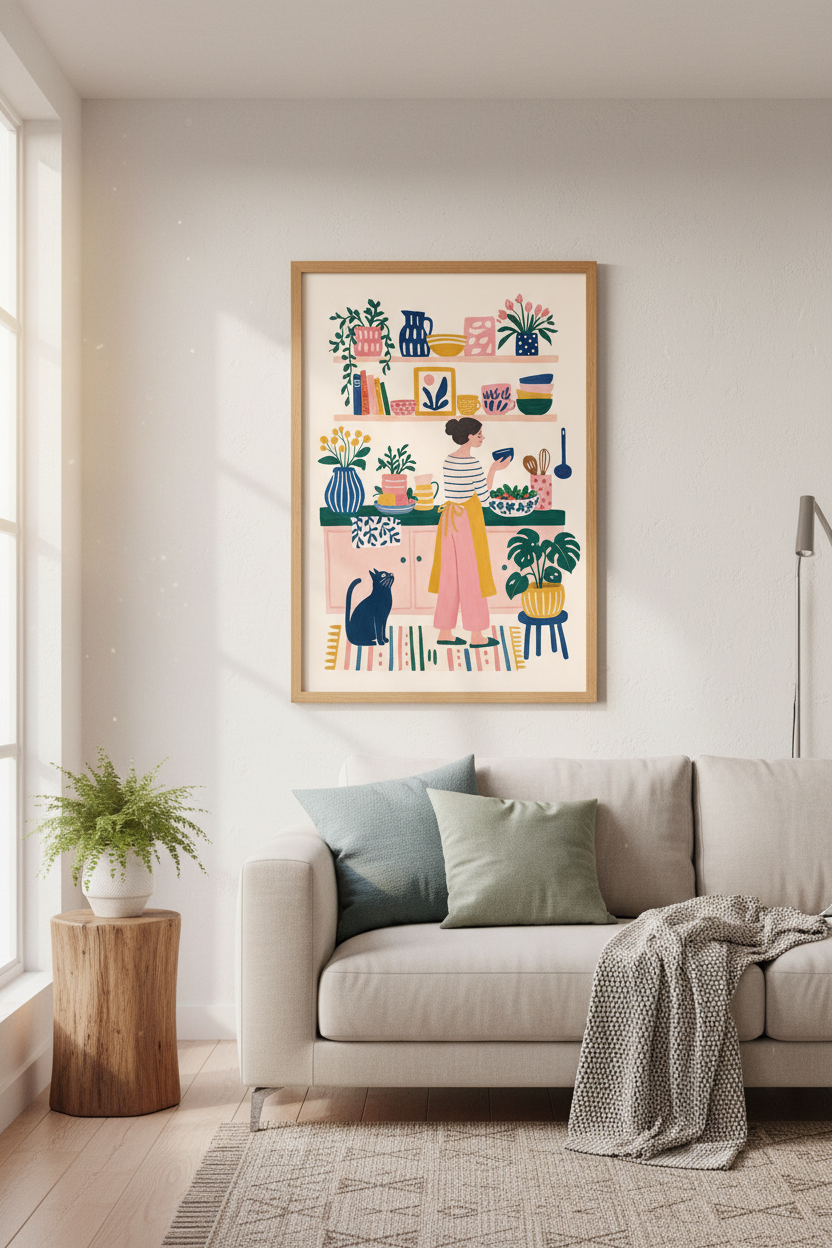 Cozy Kitchen Scene | Pink &amp; Navy Folk Art Print, Cottagecore Wall Decor